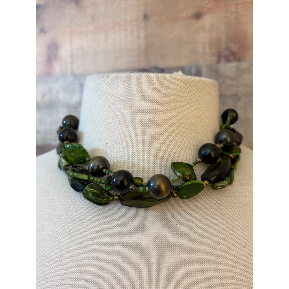 Green Bronze Multi Strand Beaded Leaf Statement Necklace Adjustable Earthy Boho